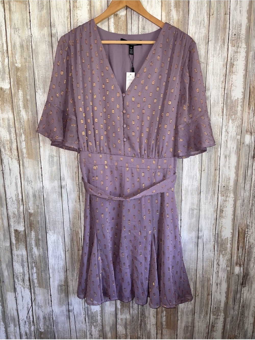 WHBM V-Neck Godet Mini Dress Enchanted Metallic Gold NWT Size 14 - Picture 2 of 7